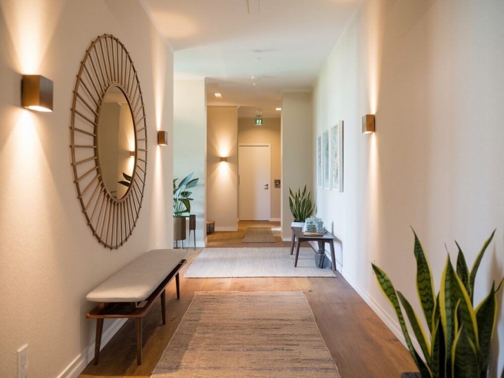 jasny korytarz z drewnianą podłogą