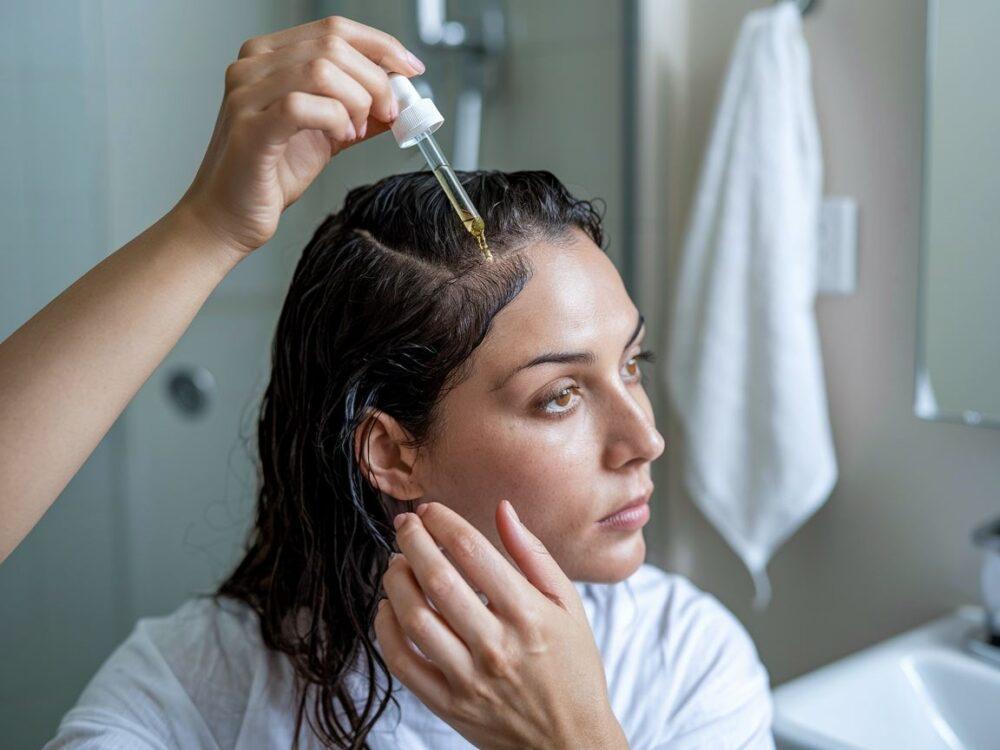 kobieta nakładająca serum na skórę głowy