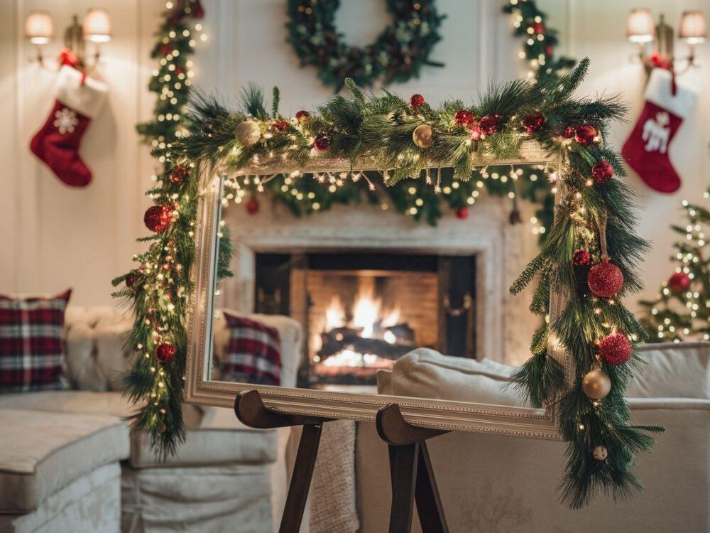 lustro z lampkami i bombkami