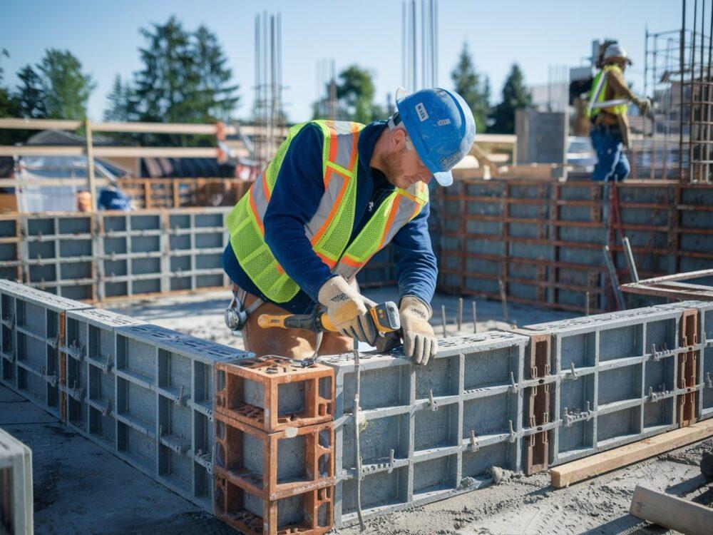 pracownik z pustakami szalunkowymi